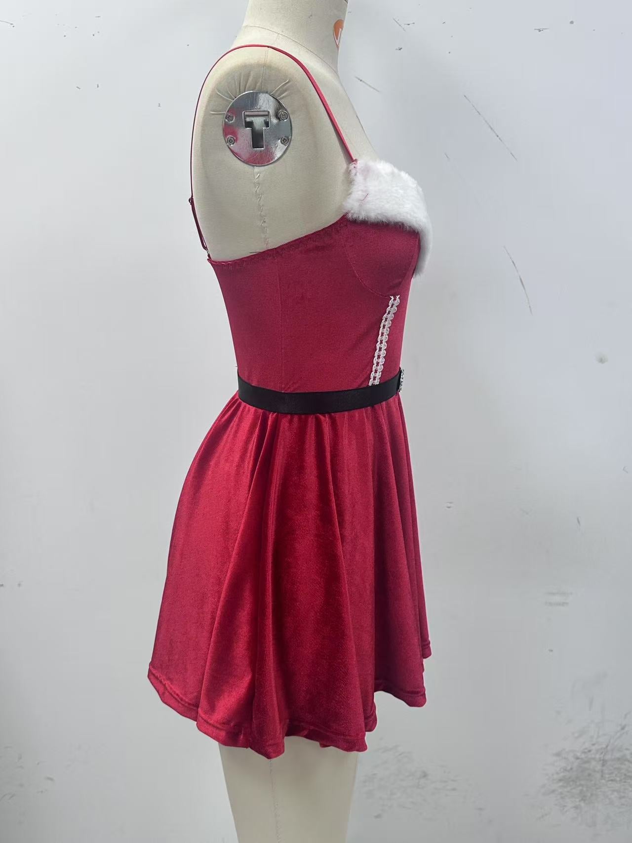 Christmas Velvet Temptation Passion Uniform Strap Dress Queen with Belt