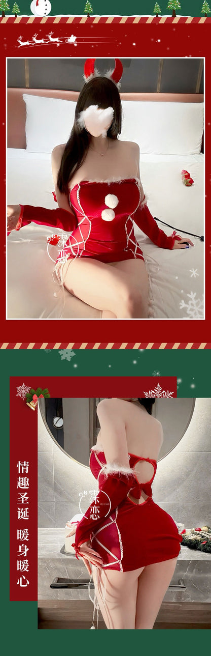 Sexy Lingerie Christmas Bodycon Tight-Fitting Uniform Sweetheart Pure Desire Strapless Velvet Christmas Set