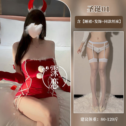 Sexy Lingerie Christmas Bodycon Tight-Fitting Uniform Sweetheart Pure Desire Strapless Velvet Christmas Set