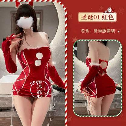 Sexy Lingerie Christmas Bodycon Tight-Fitting Uniform Sweetheart Pure Desire Strapless Velvet Christmas Set