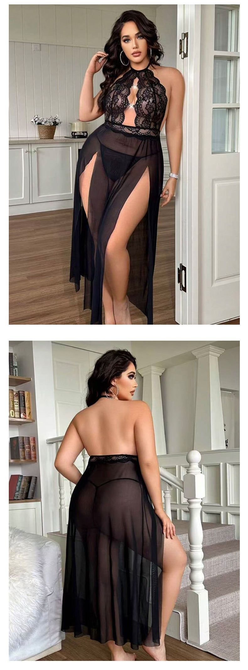 Halter Lace Embroidered Nightdress Hollow Mesh with Fine Rhinestone Buttons
