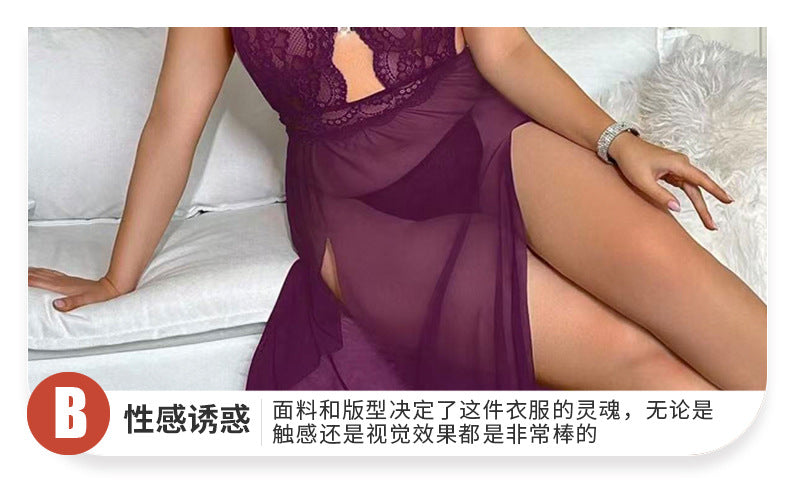 Halter Lace Embroidered Nightdress Hollow Mesh with Fine Rhinestone Buttons