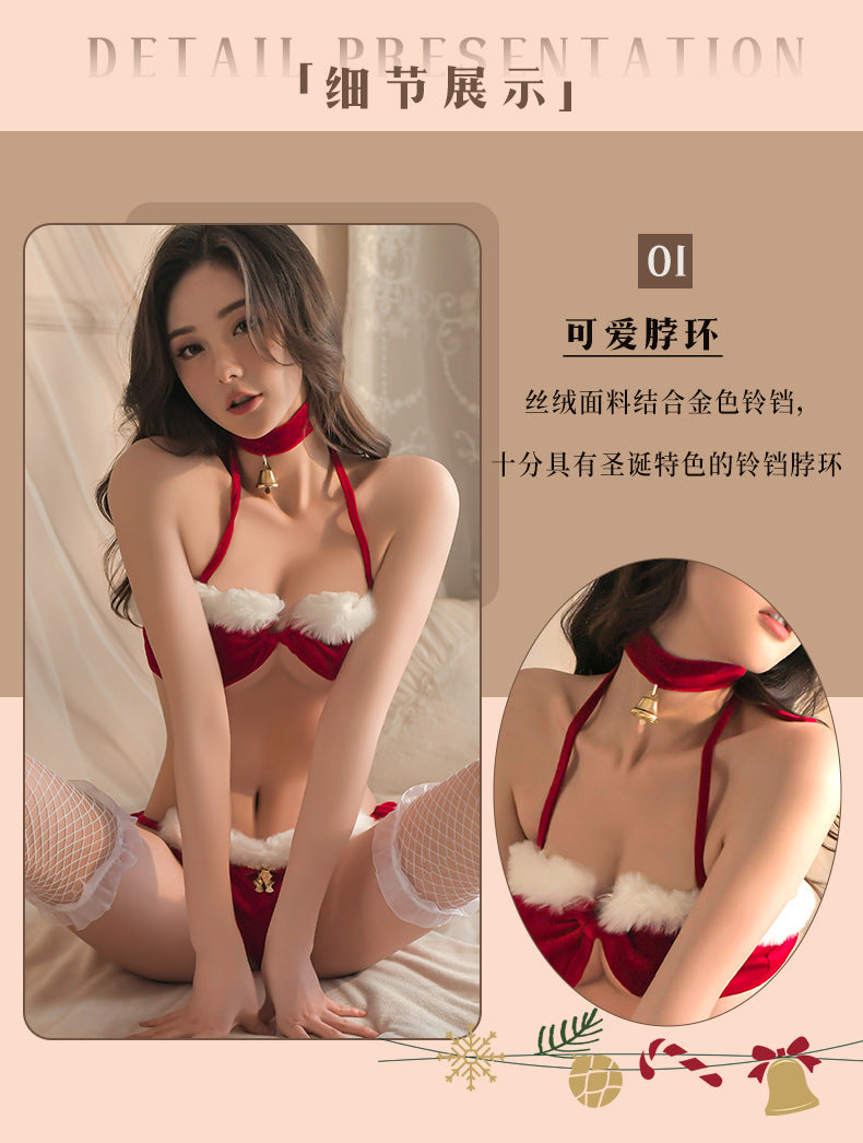 Christmas Plush Bikini Lace-Up Halter Sexy Three-Point Temptation Pajamas