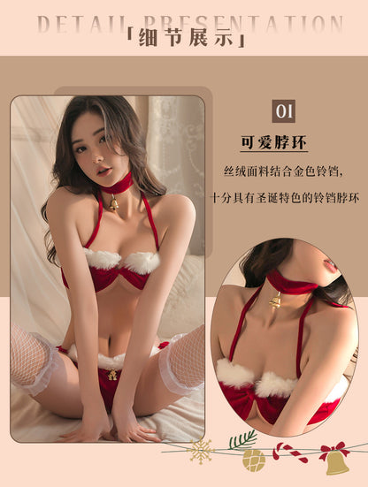 Christmas Plush Bikini Lace-Up Halter Sexy Three-Point Temptation Pajamas
