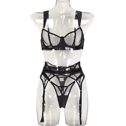 Sexy Lingerie Temptation Hollow Out Bra Transparent Three-Piece Set