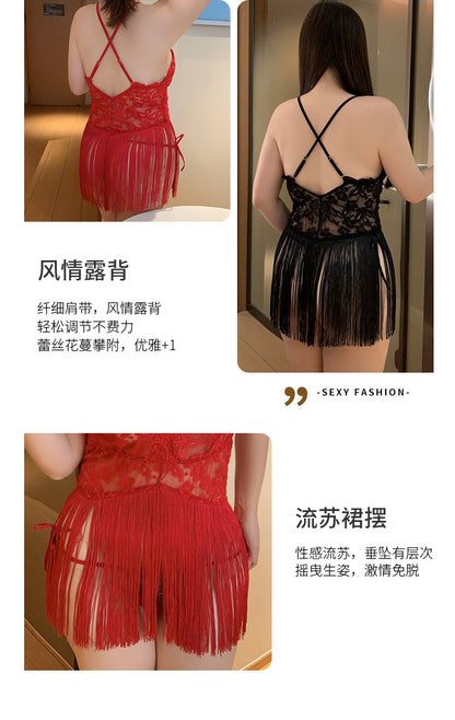 Pure Desire See-through Temptation Tassel Plus Size Nightdress Backless Nightgown