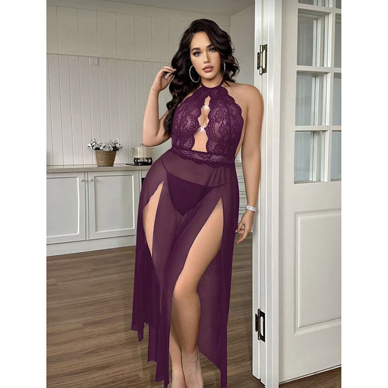 Halter Lace Embroidered Nightdress Hollow Mesh with Fine Rhinestone Buttons