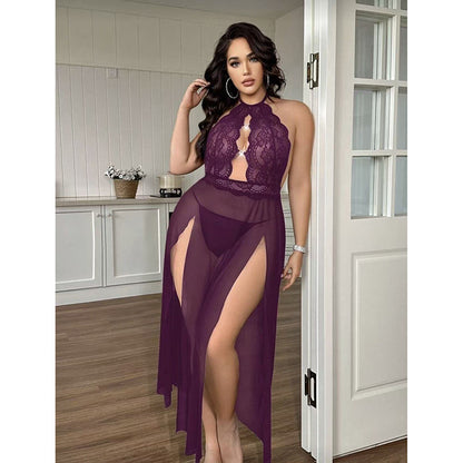 Halter Lace Embroidered Nightdress Hollow Mesh with Fine Rhinestone Buttons