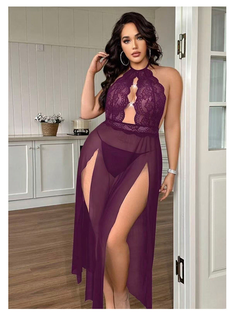 Halter Lace Embroidered Nightdress Hollow Mesh with Fine Rhinestone Buttons