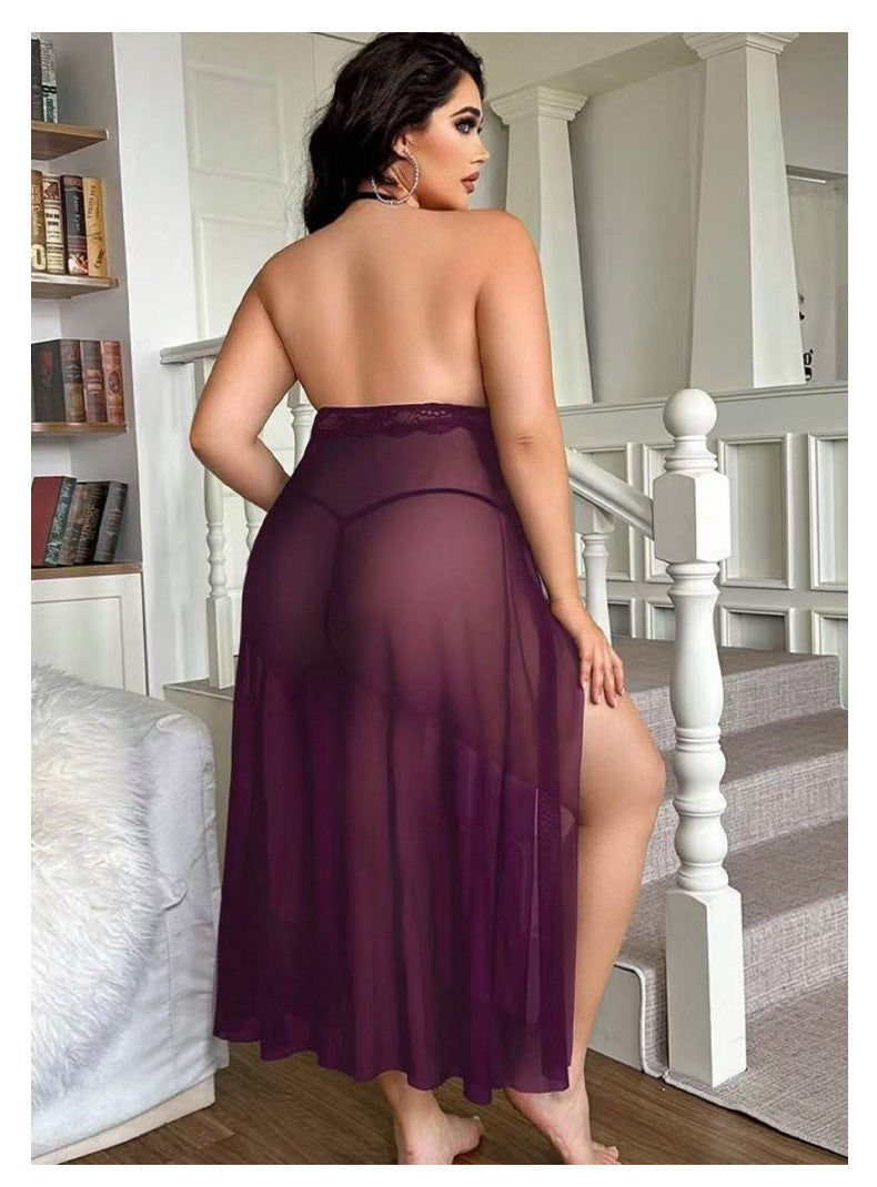 Halter Lace Embroidered Nightdress Hollow Mesh with Fine Rhinestone Buttons