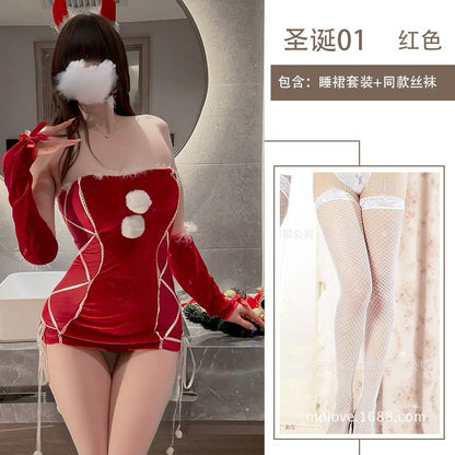 Sexy Lingerie Christmas Bodycon Tight-Fitting Uniform Sweetheart Pure Desire Strapless Velvet Christmas Set