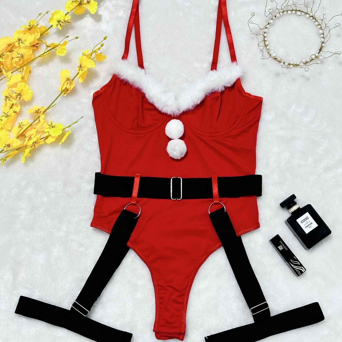 Christmas Style Plush Patchwork Sexy Tight Red Bodysuit Set